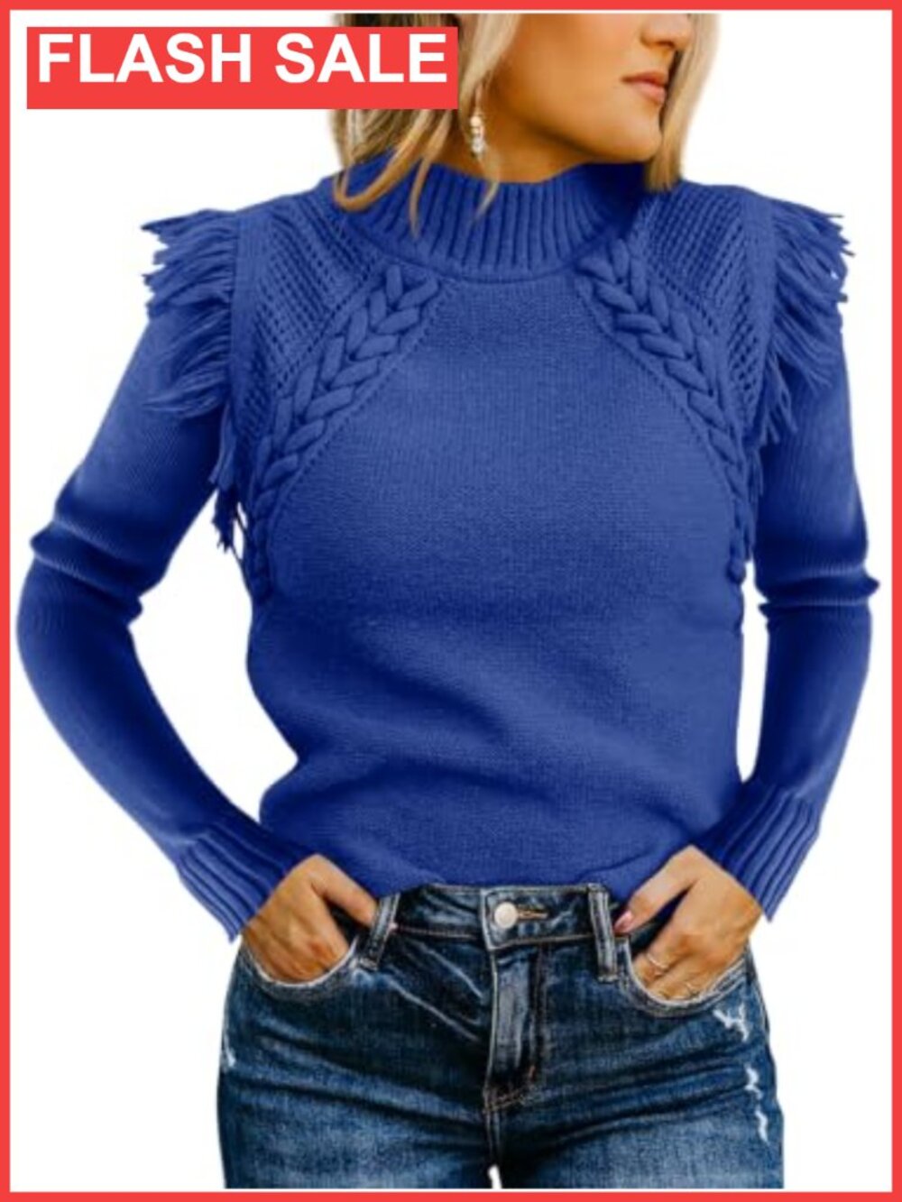 Cable Knit Mock Neck Fringe Sweater Slim Fit Boho Pullover